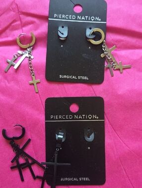 Pierced Nation NWT Surgical Steel Cross Dangle Huggie Earrings Lot 2 (18G)